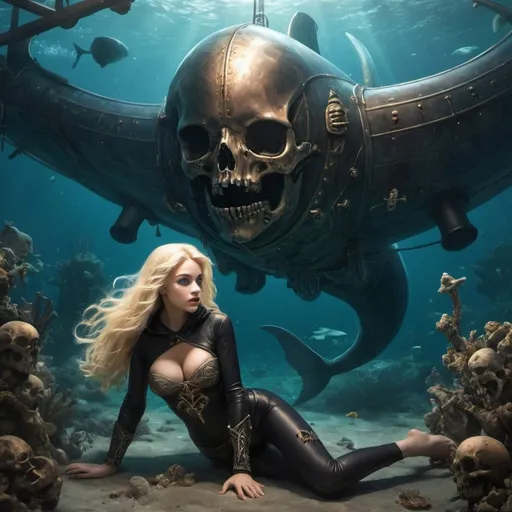 Prompt: blackhoody
 Zechariah is crawling through the airships bone yard ( inside the underwater kingdom) when he comes face to face with a beautiful blonde mermaid 