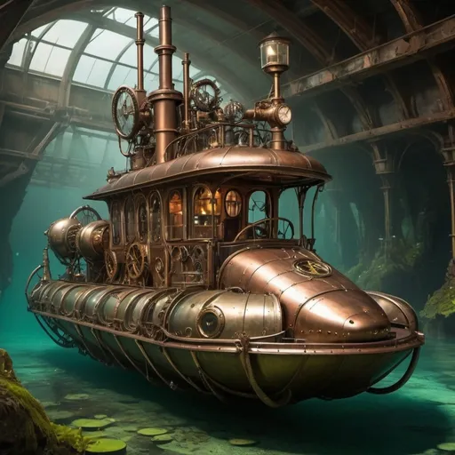 Prompt: steampunk airboats in underground world that has mermaids 
Tesla technology antique style houses
