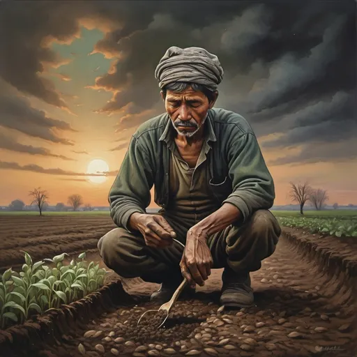 Prompt: A poor man cultivates seeds, (oil painting), muted colors, soft lighting, somber atmosphere, rough hands sowing seeds into fertile soil, ragged and worn clothing, deep emotions, background of a barren but hopeful land, distant twilight sky, hints of green sprouting, symbolizes perseverance, ultra-detailed, high quality, beautifully textured, intricate brushwork, captures spirit of hard work and hope, detailed expressions, emotional depth.