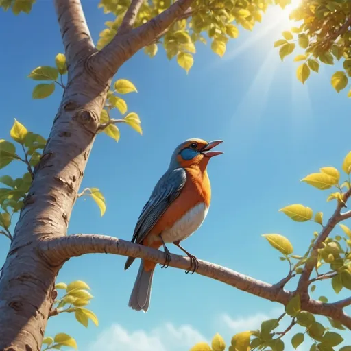 Prompt: A bird is sitting on the tree and singing, a vast, serene sea behind the tree, vibrant colors, warm tones, sunlight filtering through tree leaves, cheerful and tranquil atmosphere, lush foliage and detailed textures, clear blue sky in the background, photorealistic, romantic, ultra-detailed, cinematic masterpiece, high quality, 4K.