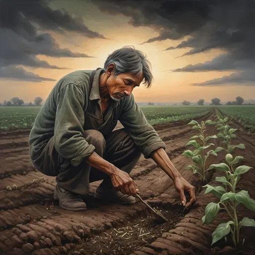 Prompt: A poor man cultivates seeds, (oil painting), muted colors, soft lighting, somber atmosphere, rough hands sowing seeds into fertile soil, ragged and worn clothing, deep emotions, background of a barren but hopeful land, distant twilight sky, hints of green sprouting, symbolizes perseverance, ultra-detailed, high quality, beautifully textured, intricate brushwork, captures spirit of hard work and hope, detailed expressions, emotional depth.