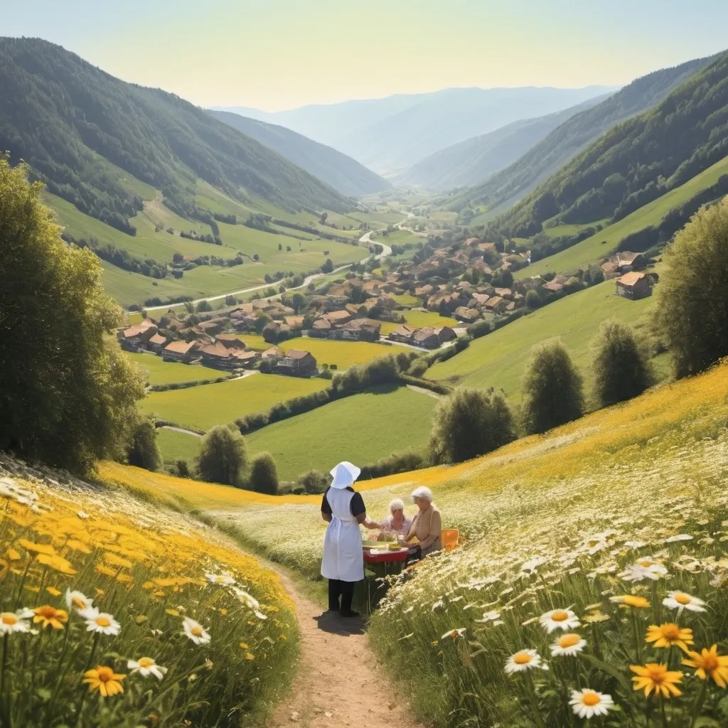 Prompt: A valley with lots of bees and flowers. with a silhouette of a young nurse and a grandma having a picknick together