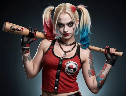 Prompt: Harley Quinn strikes a dynamic pose, wielding a baseball bat with a serious, angry expression. Her red sneakers contrast with her detailed face, showcasing jewelry and tattoos. The high-resolution, photo-realistic image captures her essence under soft light, creating a professional and captivating portrayal.