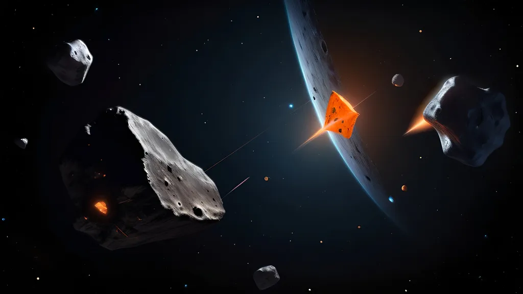 Prompt: An asteroid floating in space surrounded by smaller asteroids. The constellations are visible in the background. An orange and blue glow from the atmosphere of a nearby planet just coming into frame from the left (a gas giant). Three Imperial Star Destroyers far in the distance as a barely recognizable triangles, separate from the asteroids.