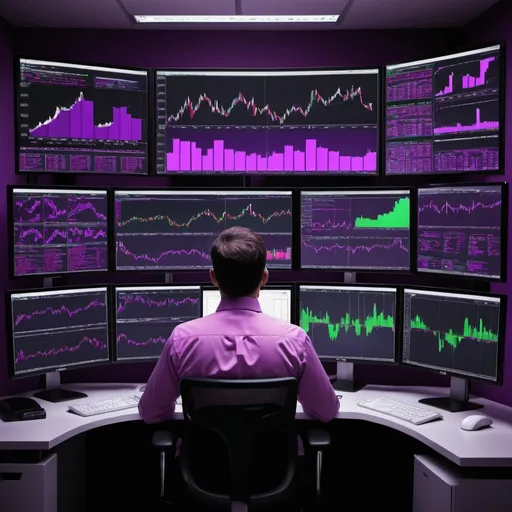 Prompt: /imagine Create an image of a quantitative trader analyzing 8 to 10 computer monitors displaying various charts, numerical data, prices, trading plans, risk management strategies, and programming code. Use a color scheme of purple, pink, green, black, and white. The scene should be dynamic and professional, capturing the intensity and focus of the trader.

