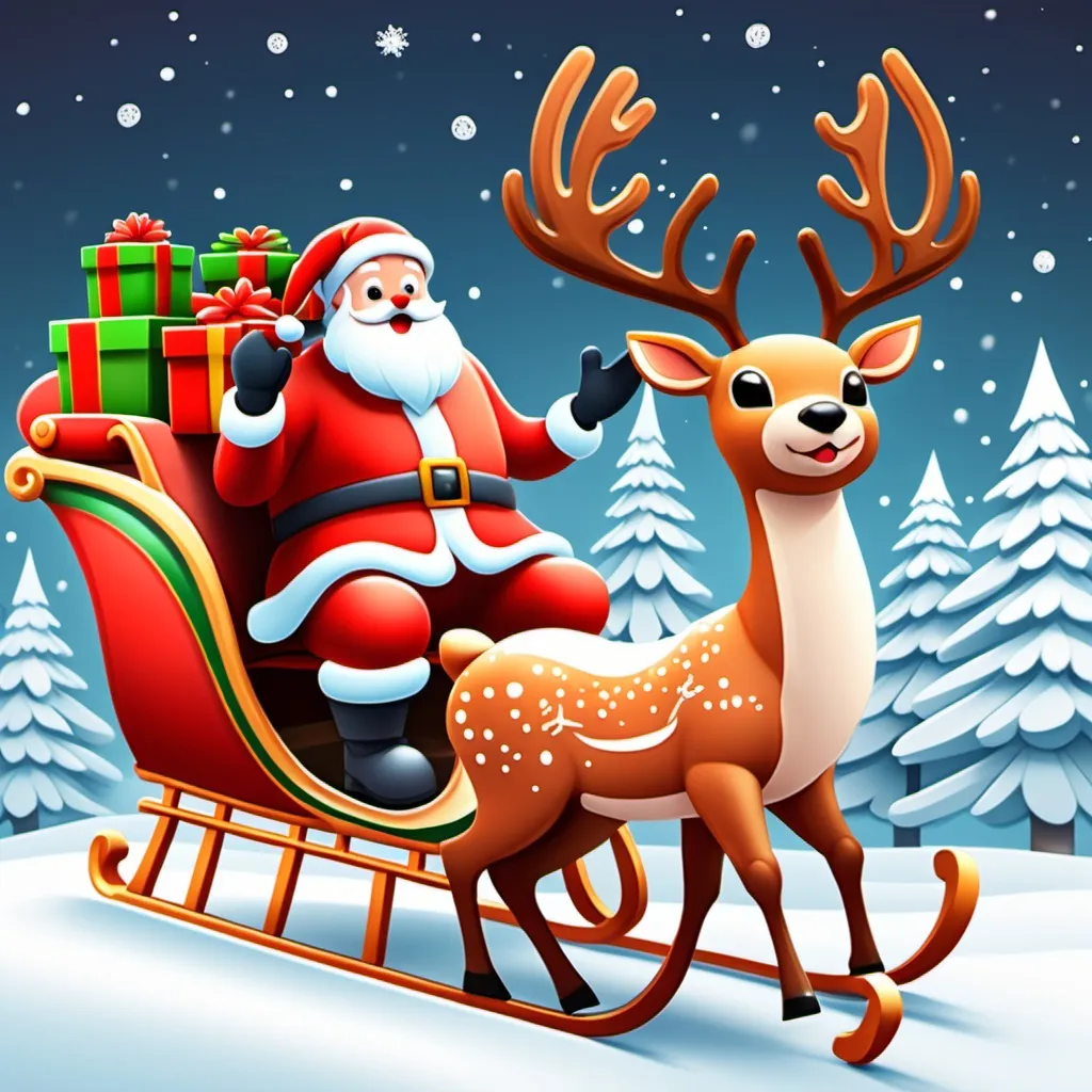 Prompt: generate a picture of Christmas, inculdes a sleigh, deer, Santa Claus and christmas tree. the pictur style is cute