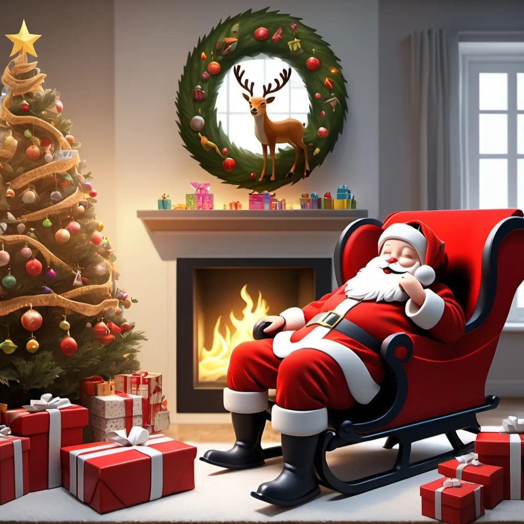 Prompt: generate a picture of Christmas, inculdes a sleigh, deer, Santa Claus and christmas tree. and in a house a child is sleeping and waiting for his/her gift