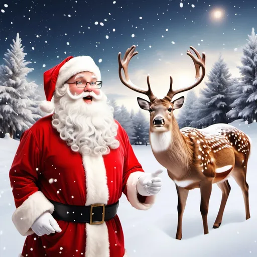 Prompt: generate a picture of Christmas, snow, christam three, gift and Santa claus and deer