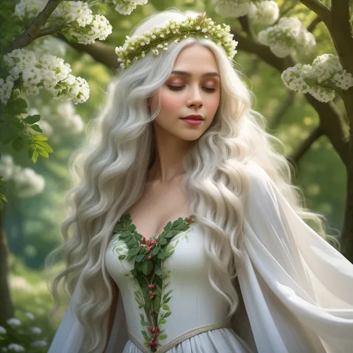 Prompt: Northern May Queen, (ethereal beauty), long white hair, light skin, adorned with a crown of vibrant hawthorn flowers, flowing gown, lush green background, gentle sunlight filtering through trees, enchanting and whimsical atmosphere, serene expression, intricate floral details, highly detailed, (4K) quality, magical ambiance.