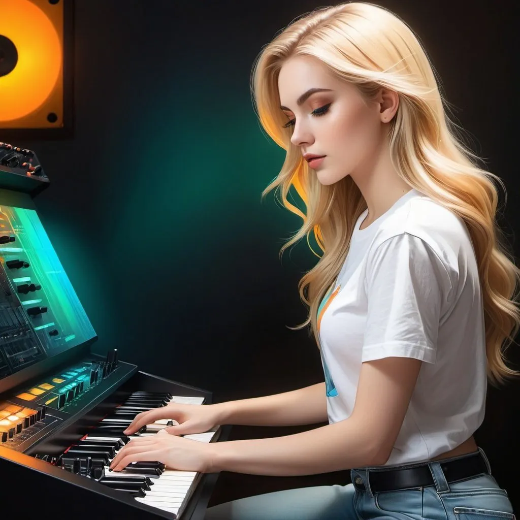 Prompt: a full body picture of a woman with long  blonde hair and large green eyes,  wearing a blank white cropped tshirt and blue jeans from a side view, playing a prophet VS synthesizer, Artgerm, fantasy art, realistic shaded perfect face, a detailed painting, orange dimly lit music studio, 18 years old