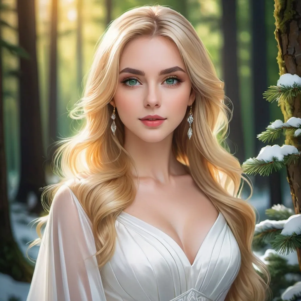 Prompt: a picture of a woman with long blonde hair and large green eyes wearing a white dress and facing camera, Artgerm, fantasy art, realistic shaded perfect face, a detailed painting, sunny snowy forest backround, 18 years old