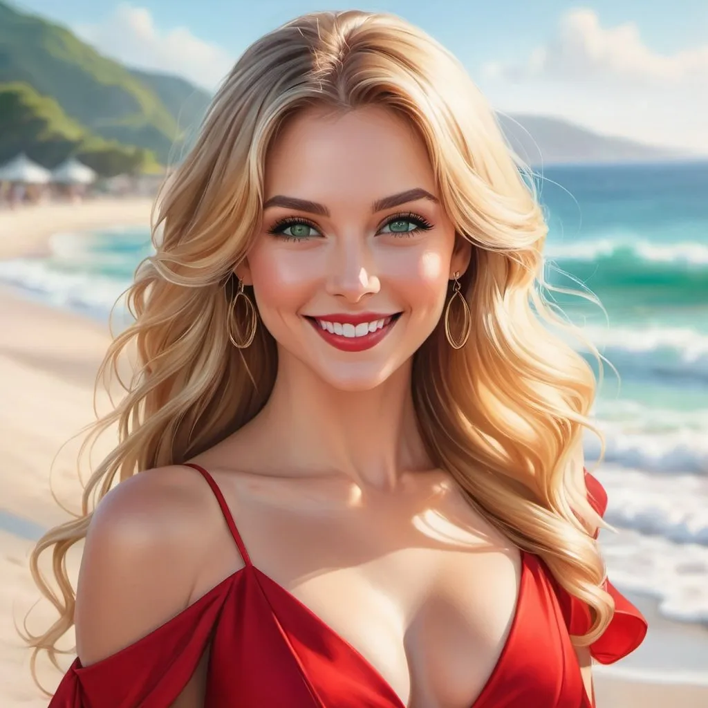 Prompt: a picture of a woman with long blonde hair and green eyes wearing a red dress and smiling at the camera, Artgerm, fantasy art, realistic shaded perfect face, a detailed painting, beach backround