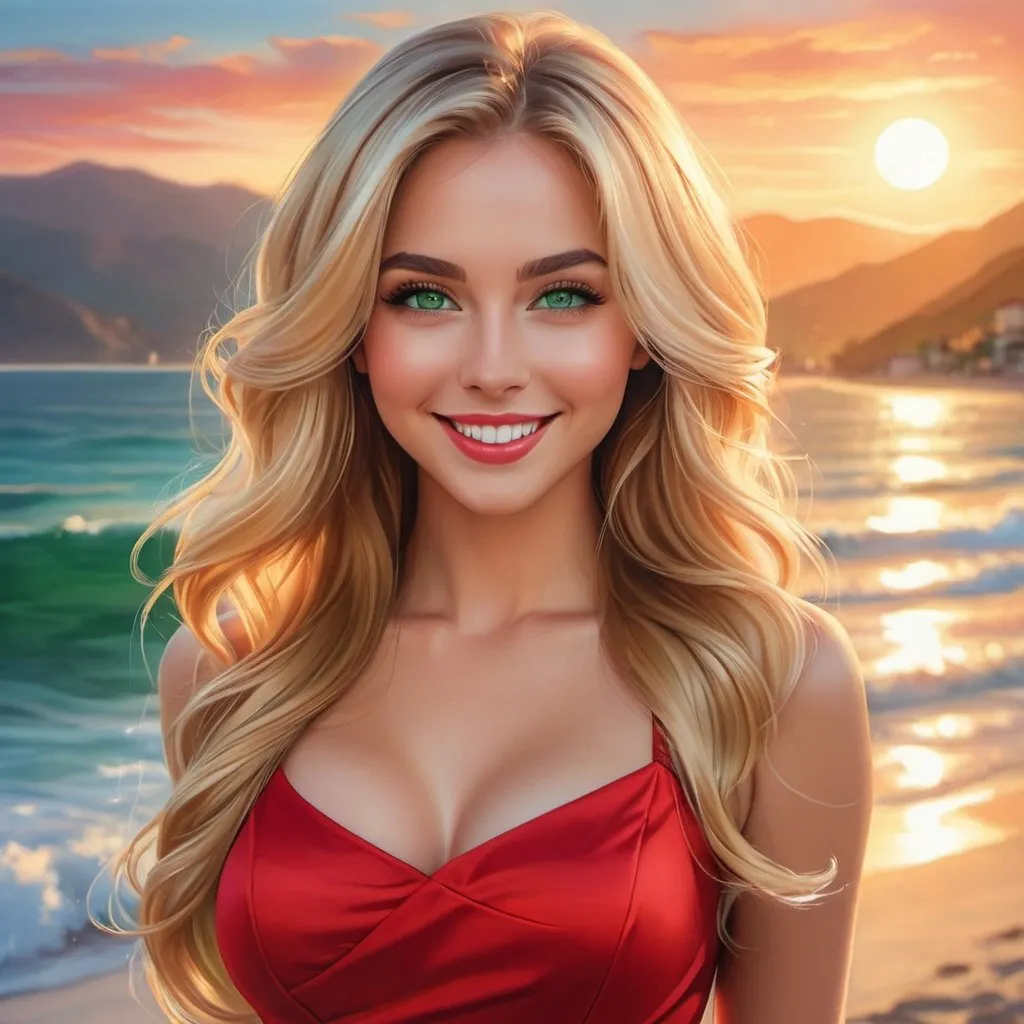 Prompt: a full body picture of a woman with long glowing blonde hair and large green eyes with a perfect smile wearing a red dress and facing camera, Artgerm, fantasy art, realistic shaded perfect face, a detailed painting, sunset resort backround, 18 years old