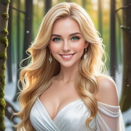 Prompt: a picture of a woman with long blonde hair and large green eyes wearing a white dress and smiling at the camera, Artgerm, fantasy art, realistic shaded perfect face, a detailed painting, sunny winter forest backround, 18 years old