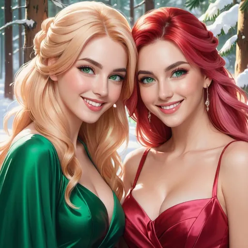 Prompt: a picture of 2 women with long blonde hair and the other with pink hair, posing together large green eyes wearing a red dress and smiling at the camera, Artgerm, fantasy art, realistic shaded perfect face, a detailed painting, sunny snowy forest backround, 18 years old