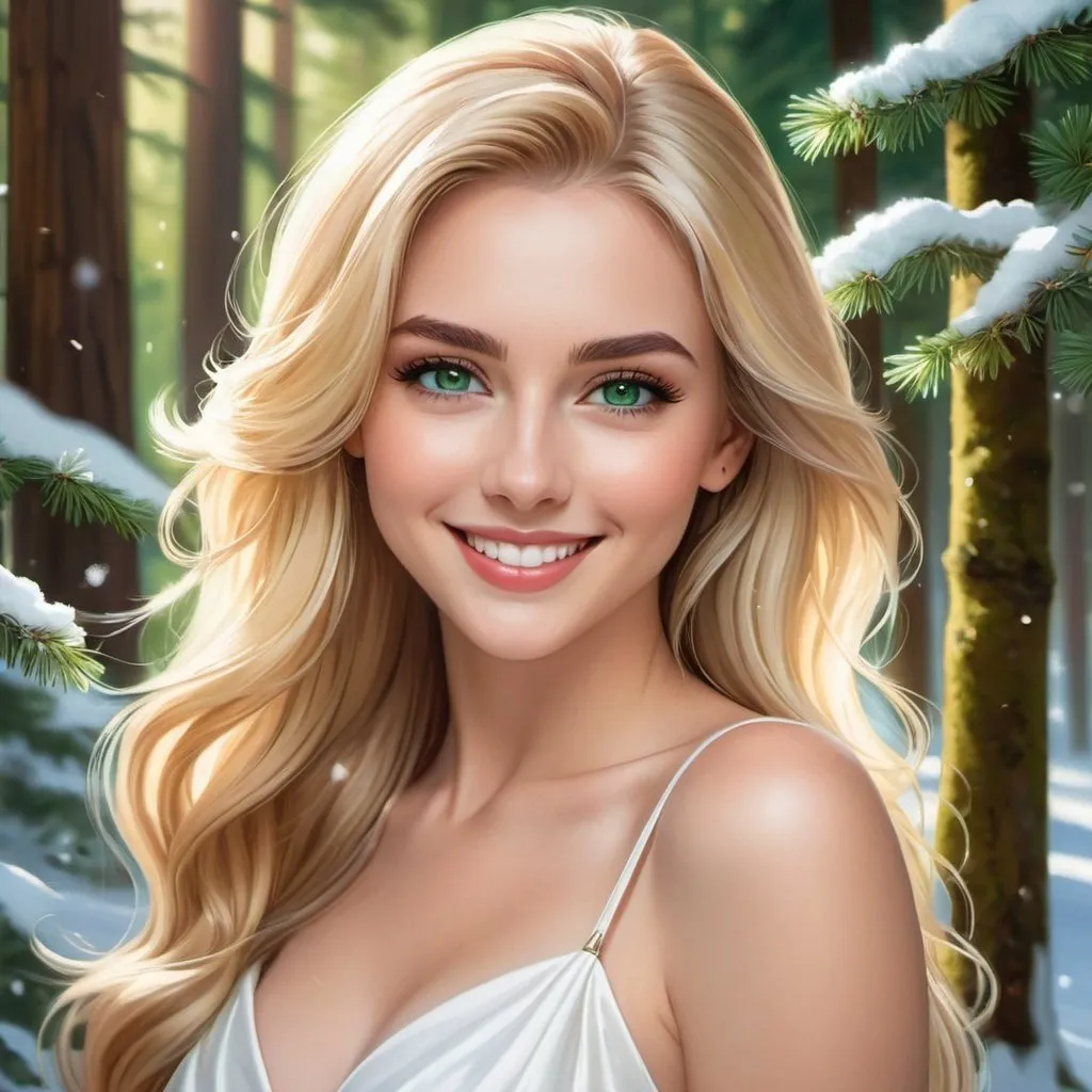 Prompt: a picture of a woman with long blonde hair and large green eyes wearing a white dress and smiling at the camera, Artgerm, fantasy art, realistic shaded perfect face, a detailed painting, sunny snowy forest backround, 18 years old