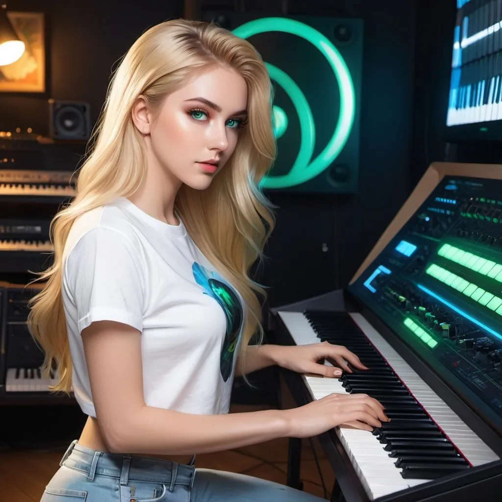 Prompt: a full body picture of a woman with long  blonde hair and large green eyes,  wearing a white cropped tshirt and blue jeans from a side view, playing a prophet VS synthesizer, Artgerm, fantasy art, realistic shaded perfect face, a detailed painting, dimly lit music studio, 18 years old