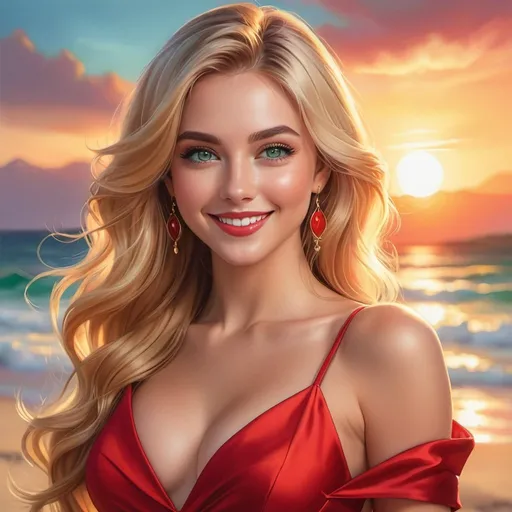 Prompt: a full body picture of a woman with long glowing blonde hair and large green eyes with a perfect smile wearing a red dress and facing camera, Artgerm, fantasy art, realistic shaded perfect face, a detailed painting, sunset resort backround, 18 years old