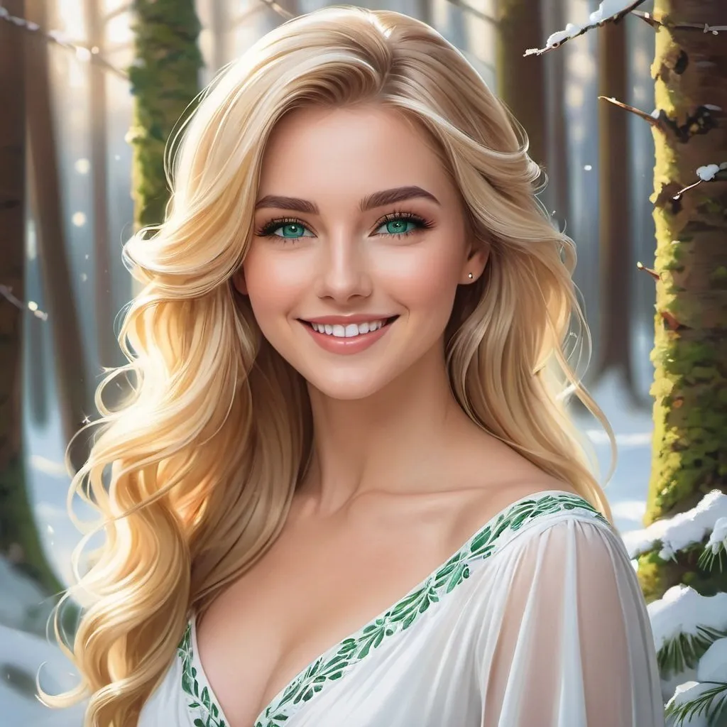 Prompt: a picture of a woman with long blonde hair and green eyes wearing a white dress and smiling at the camera, Artgerm, fantasy art, realistic shaded perfect face, a detailed painting, sunny winter forest backround, 18 years old