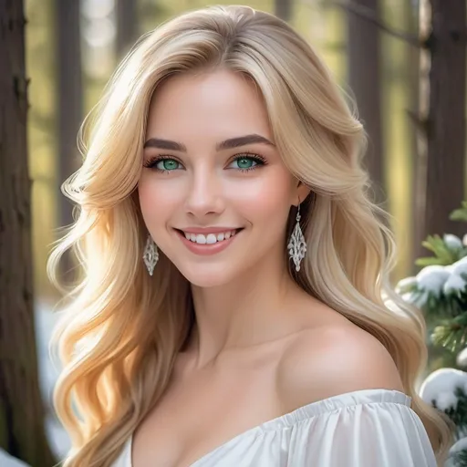 Prompt: a picture of a woman with long blonde hair and green eyes wearing a white dress and smiling at the camera, Artgerm, fantasy art, realistic shaded perfect face, a detailed painting, winter forest backround, 18 years old