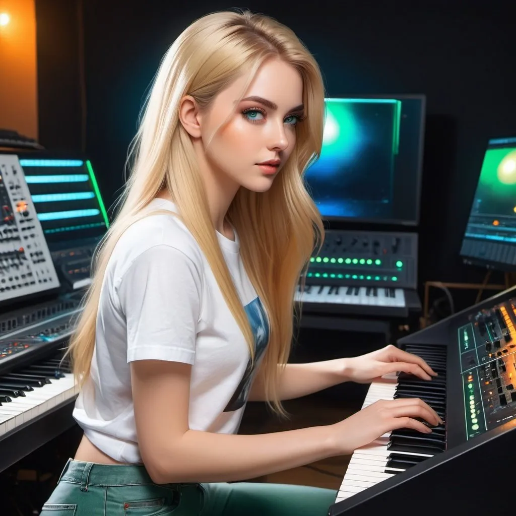 Prompt: a full body picture of a woman with long  blonde hair and large green eyes,  wearing a blank white cropped tshirt and blue jeans from a side view, playing a prophet VS synthesizer, Artgerm, fantasy art, realistic shaded perfect face, a detailed painting, orange dimly lit music studio, 18 years old