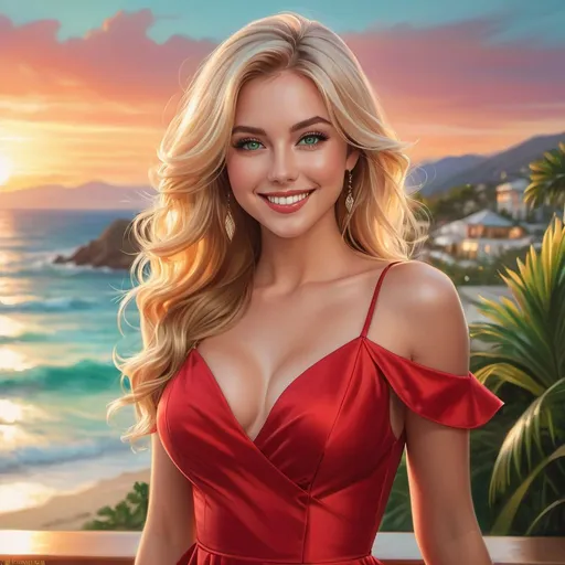 Prompt: a full body picture of a woman with long glowing blonde hair and large green eyes with a perfect smile wearing a red dress and facing camera, Artgerm, fantasy art, realistic shaded perfect face, a detailed painting, sunset resort backround, 18 years old