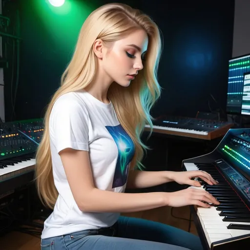 Prompt: a full body picture of a woman with long  blonde hair and large green eyes,  wearing a white tshirt and blue jeans from a side view, playing a prophet VS synthesizer, Artgerm, fantasy art, realistic shaded perfect face, a detailed painting, dimly lit music studio, 18 years old