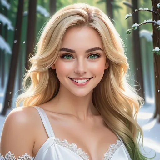 Prompt: a picture of a woman with long blonde hair and large green eyes wearing a white dress and smiling at the camera, Artgerm, fantasy art, realistic shaded perfect face, a detailed painting, sunny snowy forest backround, 18 years old
