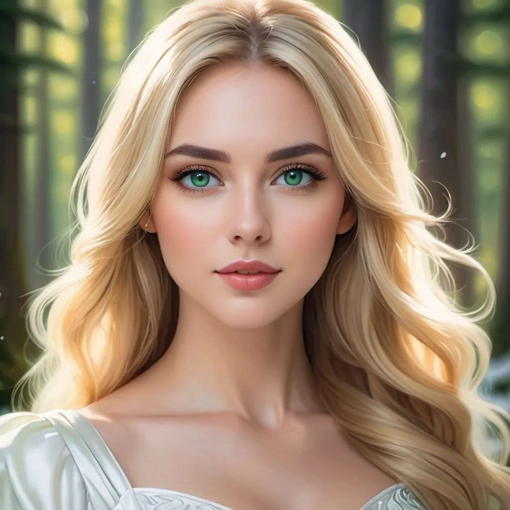 Prompt: a picture of a woman with long blonde hair and large green eyes wearing a white dress and facing camera, Artgerm, fantasy art, realistic shaded perfect face, a detailed painting, sunny snowy forest backround, 18 years old