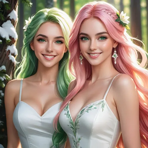 Prompt: a picture of 2 women with long blonde hair and the other with pink hair, posing together large green eyes wearing a white dress and smiling at the camera, Artgerm, fantasy art, realistic shaded perfect face, a detailed painting, sunny snowy forest backround, 18 years old