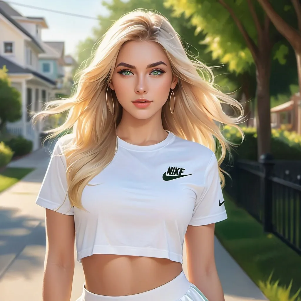 Prompt: a picture of a woman with long blonde hair and large green eyes wearing a white nike cropped tshirt and white skirt and facing camera, Artgerm, fantasy art, realistic shaded perfect face, a detailed painting, sunny outdoor neighborhood backround, 18 years old