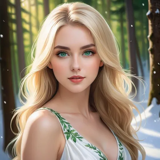 Prompt: a picture of a woman with long blonde hair and large green eyes wearing a white dress and facing camera, Artgerm, fantasy art, realistic shaded perfect face, a detailed painting, sunny snowy forest backround, 18 years old
