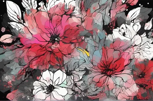 Prompt: (digital watercolor abstract painting), vibrant flowers, intricate art nouveau patterns, (bold brush strokes), striking black and red color palette, dynamic paint splatter texture, lush floral arrangement, artistic flair, whimsical atmosphere, (highly detailed), elegant composition, rich depth -- perfect for art enthusiasts and collectors.