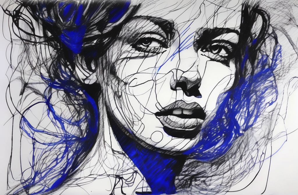 Prompt: (black and white) drawing of a woman, made with messy lines and scribbles, (blue ballpoint) ink style, expressive, chaotic yet elegant composition, monochromatic tones, artistic interpretation of femininity, abstract features, high contrast, dynamic movement in lines, evoking emotions, intricate patterning, overall captivating aesthetic, ultra-detailed.