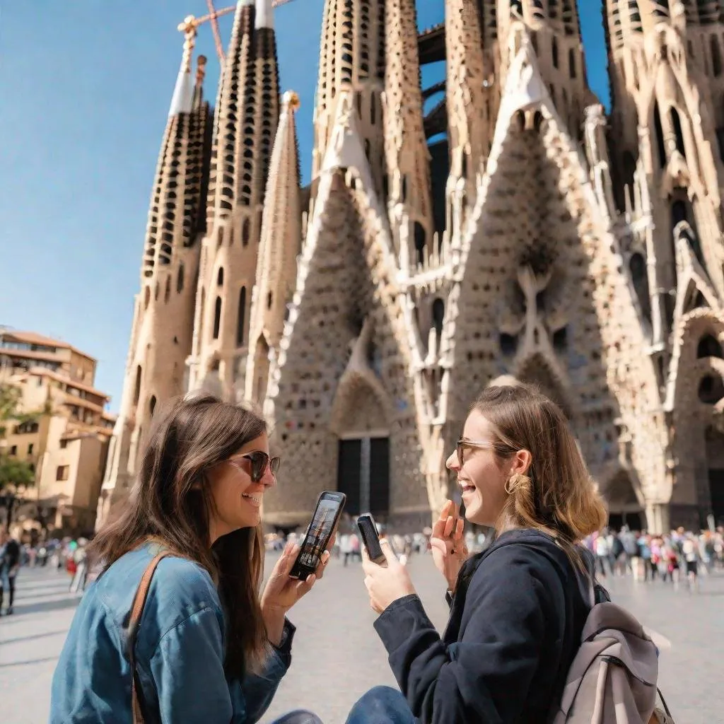 Prompt: two tourist friends having fun listening to a podcast while looking at the sagrada familiar church