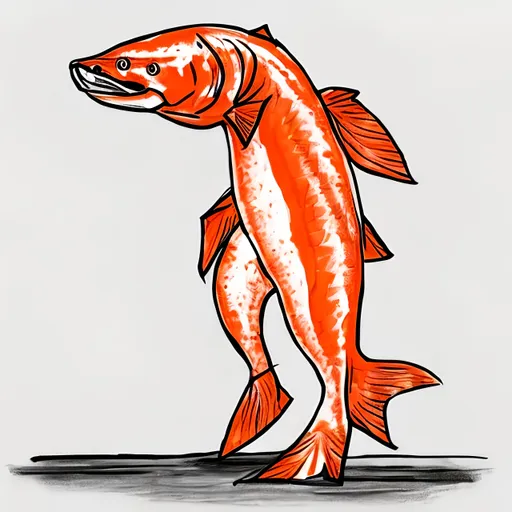 Prompt: Draw a Salmon with  legs. Standing portrait