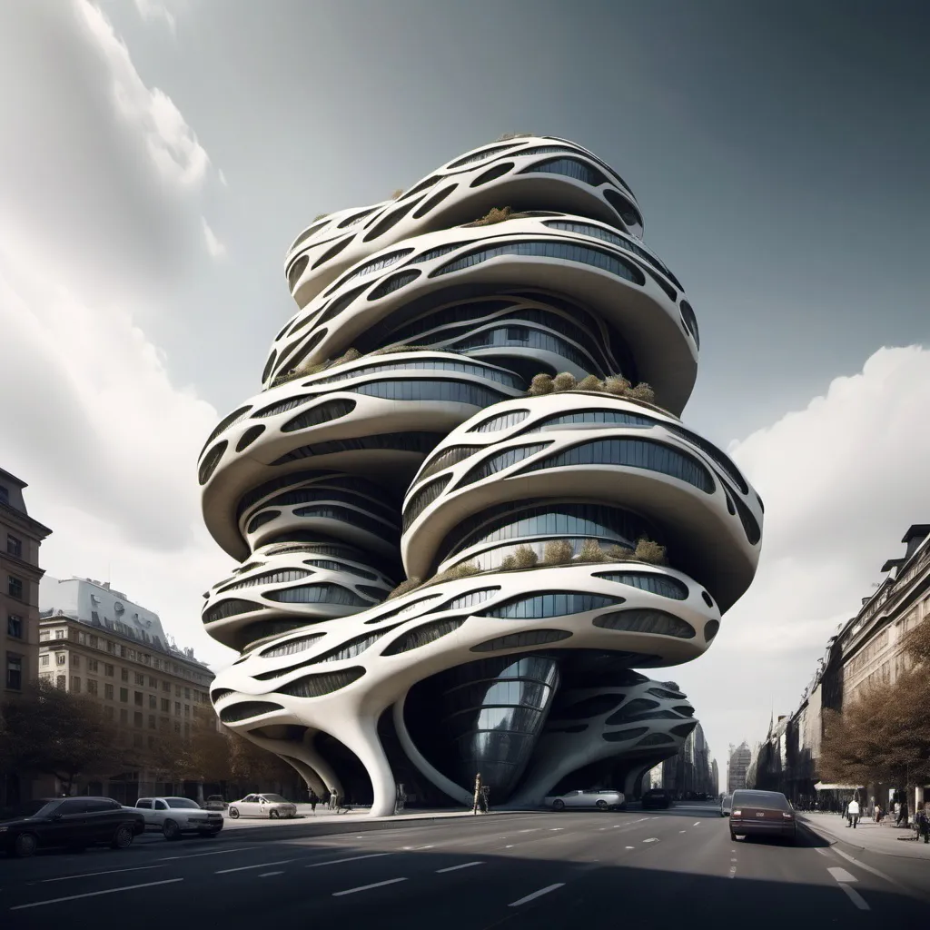 Prompt: Make a building half organic half futuristic. It looks twisted in an impossible shape