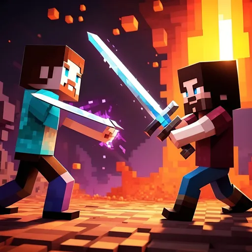Prompt: Epic clash between Steve (holding iron sword)and Herobrine (holding diamond sword),Steve and herobrine clashing, nether vs overworld landscape, Overworld ( on Steve’s side) vs Nether(on herobrine’s side) , intense battle scene, highres, detailed, Minecraft, fantasy, action-packed, fiery nether, lush overworld, fierce clash, dramatic lighting, pixel art style, vibrant colors, intense sword fight, dynamic composition very realistic