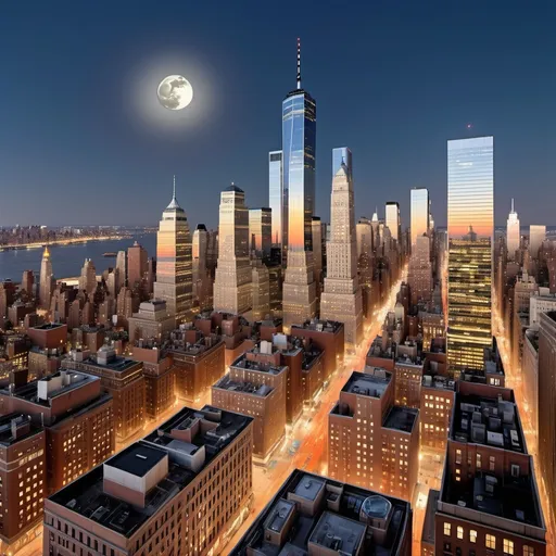 Prompt: cityscape view from the 23rd floor, (iconic rooftop water towers) in the foreground, facing downtown New York, detailed office buildings of the Financial District in the background, (prominent World Trade Center) to the right with high-rise buildings, (urban ambiance),  moon is high with soft Brightness(HD image quality).