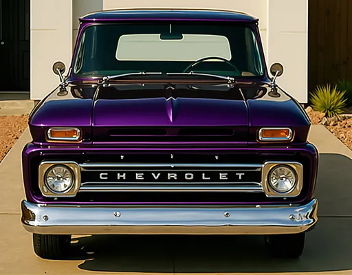 Prompt: Bathed in bright sunlight, a striking vintage Chevrolet truck commands attention with its rich, glossy purple exterior that gleams against the contrasting neutral backdrop of a modern home. The truck's classic design features smooth lines and rounded edges, paired with a shiny chrome grille prominently displaying the “CHEVROLET” emblem, enhancing its retro charm. Positioned on a clean, paved driveway surrounded by minimalist landscaping, this scene captures a harmonious blend of nostalgic automotive craftsmanship and contemporary architecture. The crisp blue sky overhead suggests a warm, sunny day, emphasizing the truck's bold color and polished details. The overall mood conveys a sense of pride and admiration for both the vehicle's history and its stylish presence in a modern setting.