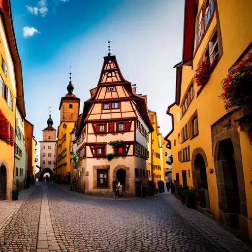 Prompt: A medieval street in Rothenburg, Germany. Cinematic effect.