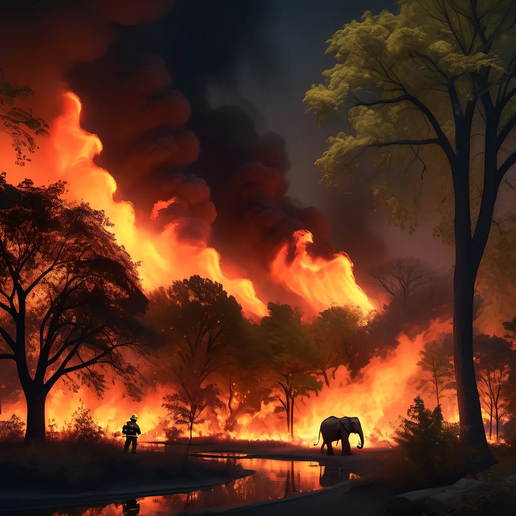 Prompt: Prospect Park brush fire at night, (high intensity) firefighters battling intense flames, urban park setting, chaotic atmosphere, illuminated flames contrasting dark surroundings, anxious zoo animals, and elephant with raised trunk shillouetted in distance, vivid colors reflecting panic, dynamic lighting creating shadows, smoke billowing through the trees, ultra-detailed, 4K realism, gripping and intense emotive capture, nighttime emergency response atmosphere.