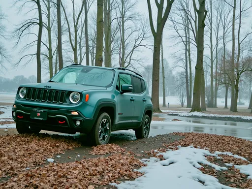 Prompt: Nestled among tall, leafless trees, a rugged blue Jeep Renegade stands prominently on a muddy patch, surrounded by earthy tones of fallen leaves and scattered remnants of snow, hinting at a receding winter. The atmosphere is shrouded in mist, lending an ethereal quality to the scene, while the soft gray sky suggests an overcast day. The vehicle's sleek design contrasts beautifully with the natural surroundings, its headlights faintly reflecting the muted light. In the background, hints of indistinct structures barely pierce through the fog, adding a sense of mystery to the tranquil yet enigmatic landscape. This composition conveys a mood of adventure amidst solitude, inviting thoughts of exploration in a serene, though slightly somber, wilderness.