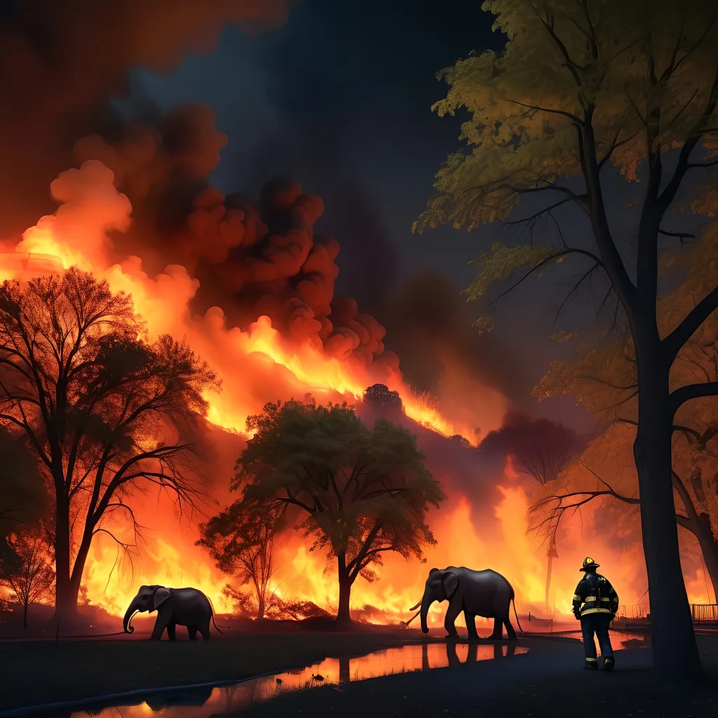 Prompt: Prospect Park brush fire at night, (high intensity) firefighters battling intense flames, urban park setting, chaotic atmosphere, illuminated flames contrasting dark surroundings, anxious zoo animals, and elephant with raised trunk shillouetted in distance, vivid colors reflecting panic, dynamic lighting creating shadows, smoke billowing through the trees, ultra-detailed, 4K realism, gripping and intense emotive capture, nighttime emergency response atmosphere.