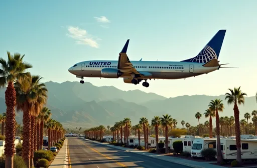 Prompt: A United 737 MAX gracefully descends towards Palm Springs International Airport under a brilliant, sun-drenched sky, the late afternoon sunlight casting a golden glow on its sleek fuselage. The majestic San Jacinto Mountains rise dramatically in the background, their rugged peaks contrasting with the azure sky. Beneath the aircraft, an array of palm trees—tall and swaying gently in the warm breeze—adorn the boulevards and vibrant RV parks flanking the airport, their lush green fronds complementing the rustic desert landscape. The scene is alive with the soft shadowing effects of sunlight filtering through the palms, creating a vivid tableau that captures the essence of a perfect California day, reminiscent of a cinematic travel brochure. This image can be depicted in a photorealistic style, emphasizing the clarity of the moment.