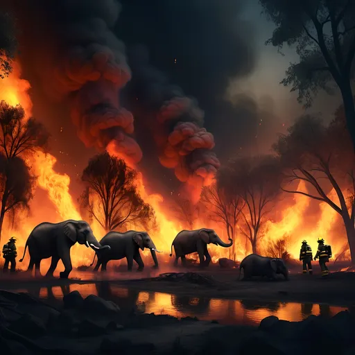 Prompt: (dramatic scene) brush fire at night, (high intensity) firefighters battling intense flames, urban park setting, chaotic atmosphere, illuminated flames contrasting dark surroundings, anxious zoo animals, and elephant with raised trunk shillouetted in distance, vivid colors reflecting panic, dynamic lighting creating shadows, smoke billowing through the trees, ultra-detailed, 4K realism, gripping and intense emotive capture, nighttime emergency response atmosphere.