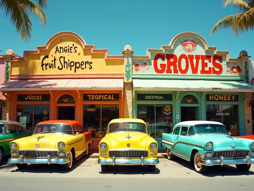 Prompt: Brightly colored and bustling with nostalgia, the scene captures a lively storefront facade featuring "Angie's Fruit Shippers" on the left and "Groves" on the right, both adorned with vibrant graphics highlighting tropical products like juices, candies, and honey. The charming, vintage architecture showcases large windows framed by decorative stonework, inviting passersby to explore its offerings. Parked in front are three classic cars, painted in cheerful hues of yellow and blue, which add to the energetic atmosphere of this sunny day. The background features a clear blue sky, emphasizing the cheerful charm and allure of a bygone era, creating a playful and inviting narrative that celebrates community and good times.
