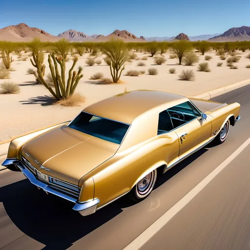 Prompt: 1965 buick riviera (gold finish, white vinyl roof), speeding through Mojave Desert, stunning golden sands contrasting with bright blue skies, vibrant colors, vintage style, Las Vegas casinos sparkling in the distance, strong sunlight casting dramatic shadows, cinematic ambiance, ultra-detailed, high-quality, immersive composition, capturing the thrill and freedom of the drive.