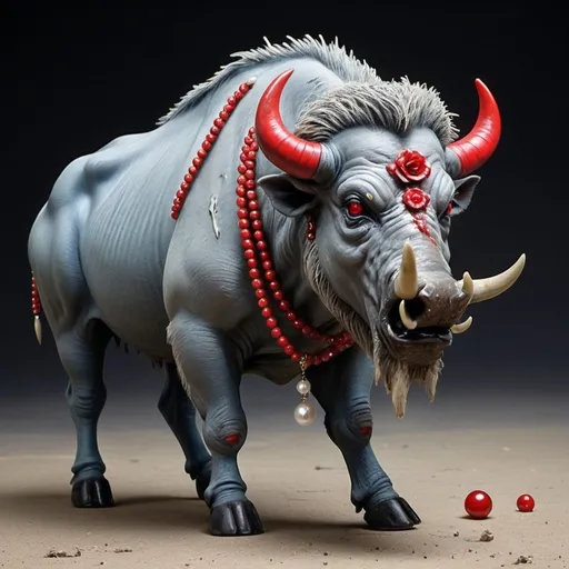 Prompt: Create a greyish blue colored zombie hybrid warthog / American bison with growing red eyes breaking a pearl necklace by stepping on it with its hoof and pulling on it with its tusk. Give it decomposing flesh and a black mane