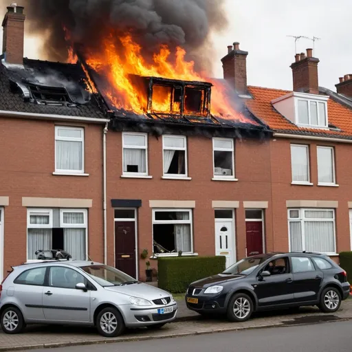 Prompt: house fire with flames coming from the roof and windows. terraced house, car in front of the door with Dutch license plate.
